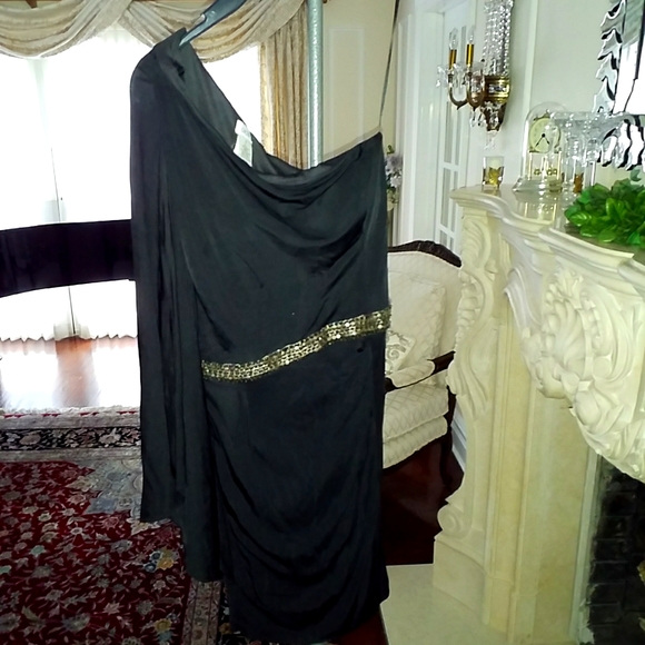 Cache. One-Shoulder, Cascading, Draped-Sleeve, Ruched Black Dress. Beaded Silky - Picture 4 of 16